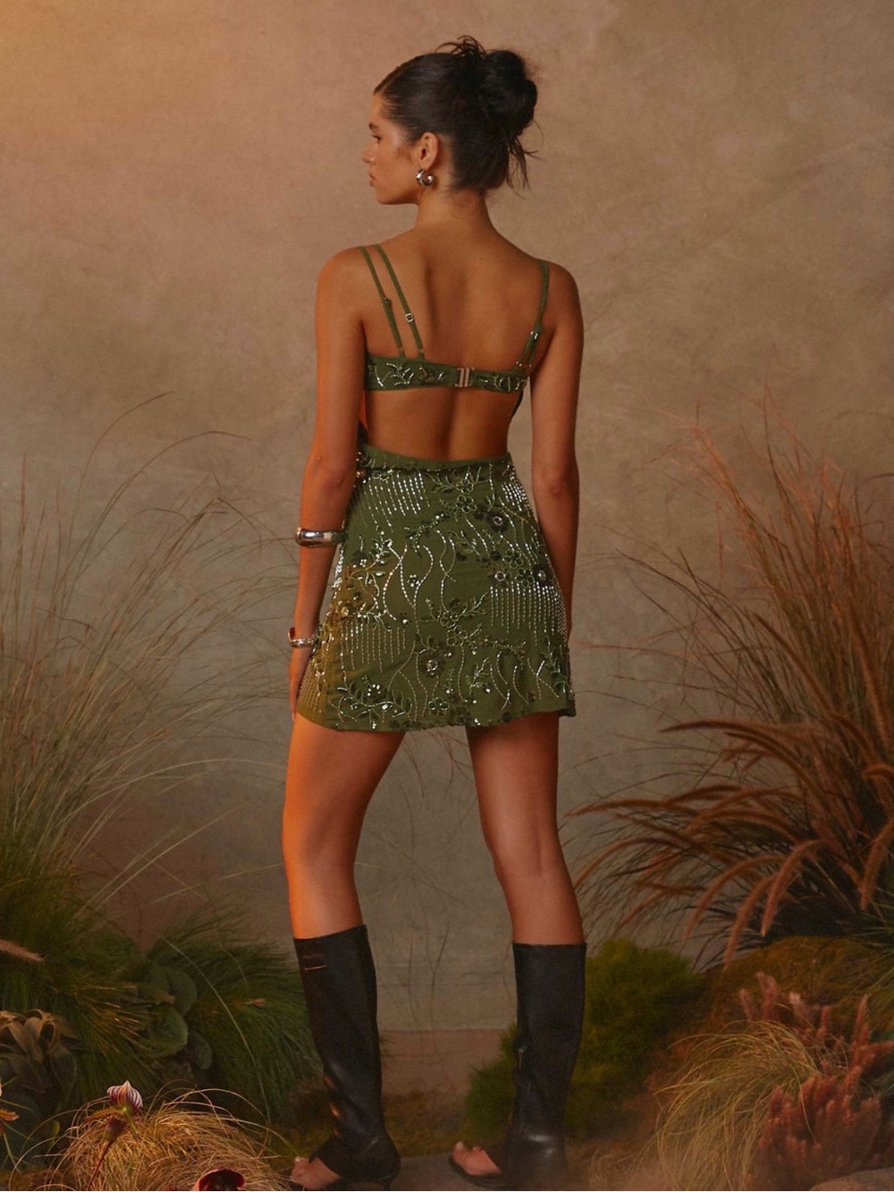 NWT Peppermayo Olive Green Beaded Cowl Mini Dress Cutout Size 6 - Picture 2 of 6